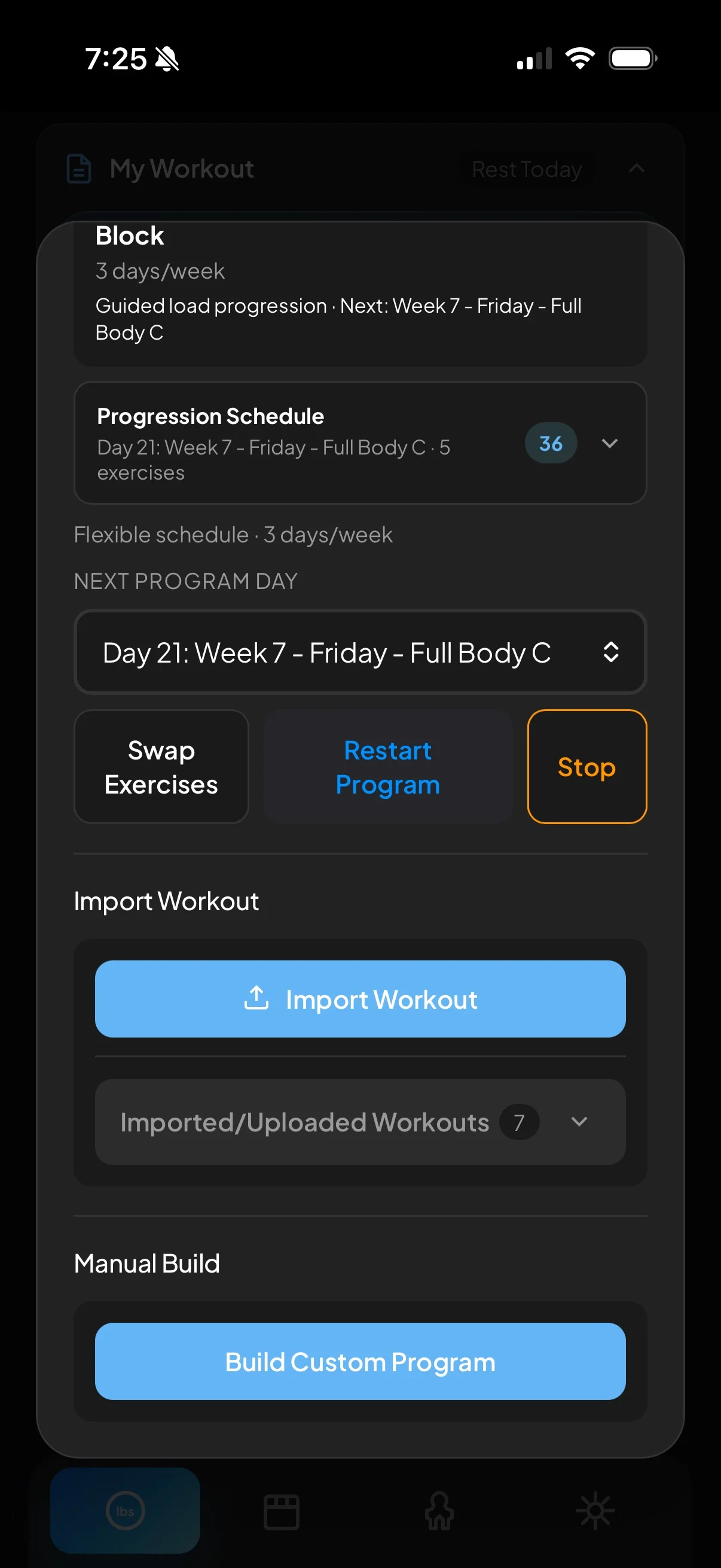 RackMath import screen showing the Import Workout control and uploaded workout library.