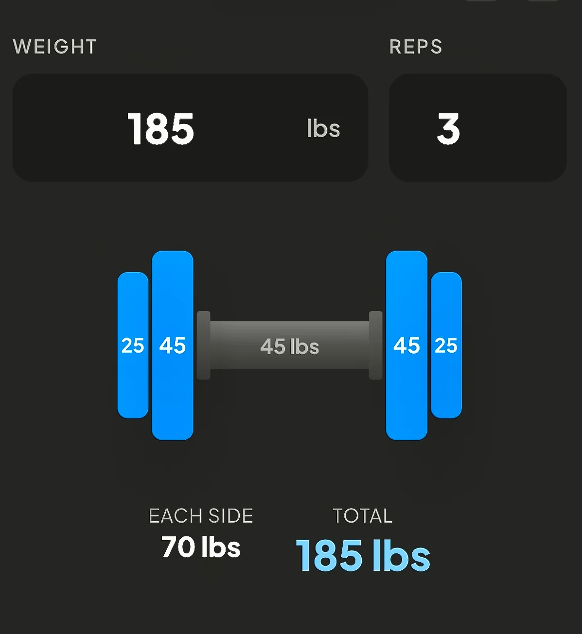 RackMath barbell calculator showing a 185 pound target, 45 and 25 pound plates per side, and a 185 pound total.