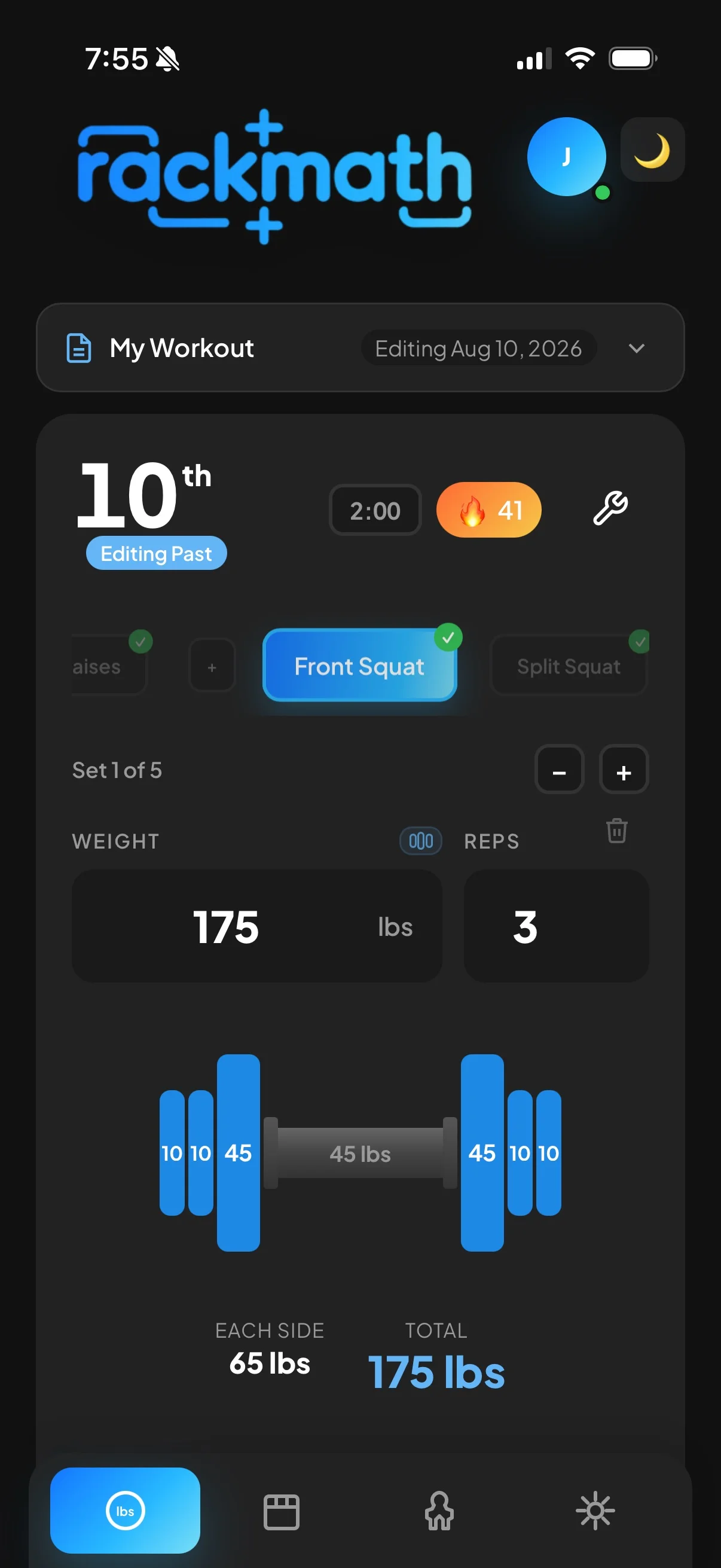 Complete RackMath dark-mode workout screen showing exercise, weight, reps, plates, timer, and workout controls.