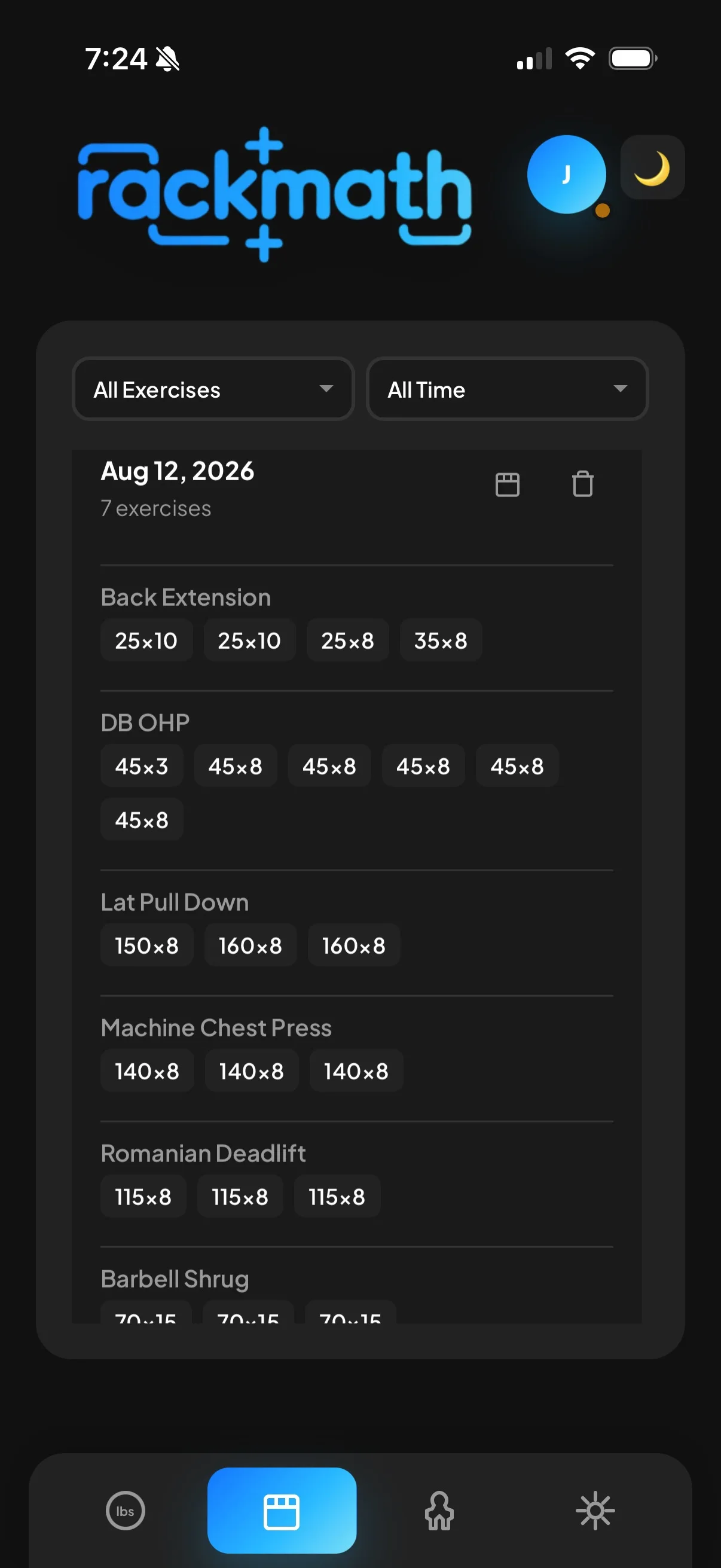 RackMath workout history showing completed exercises, weights, and reps.