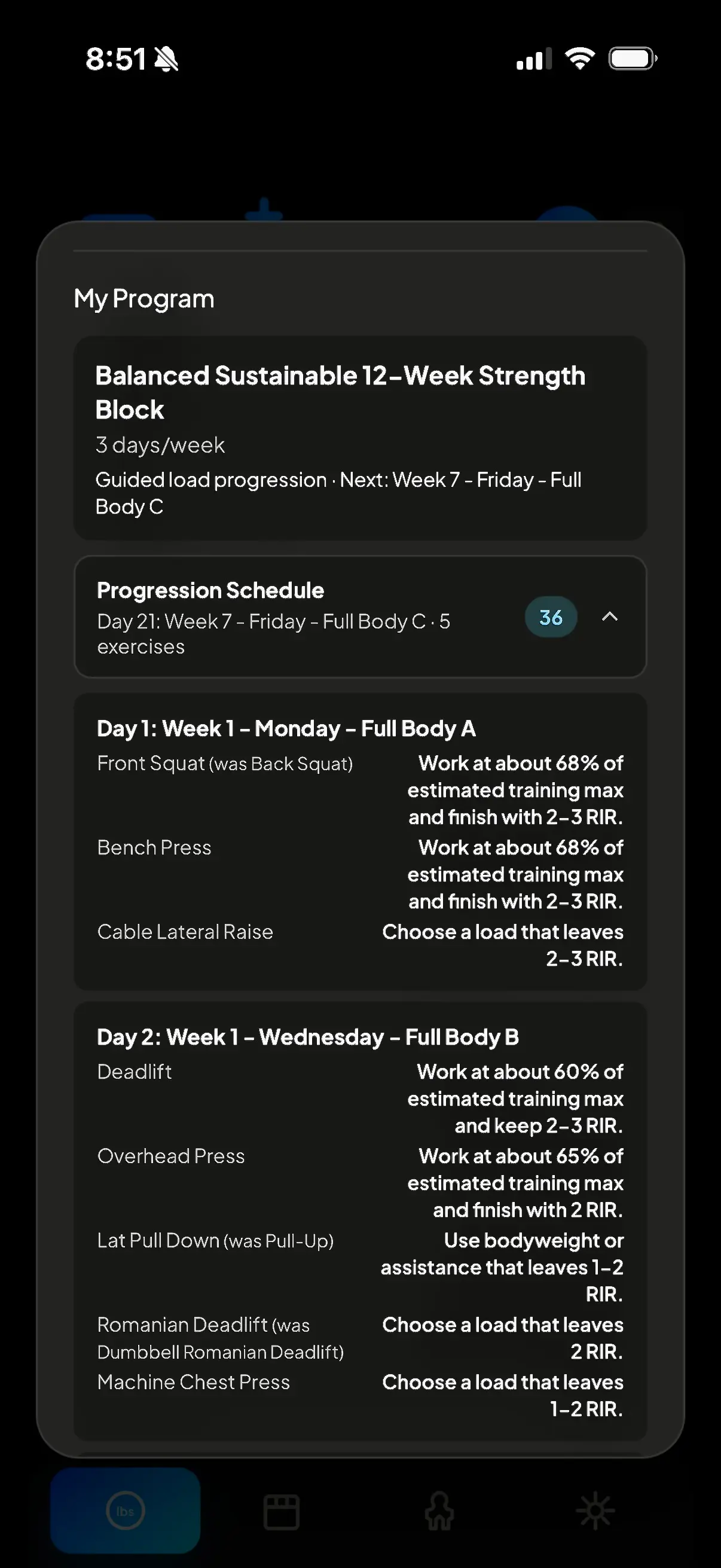 RackMath My Program overview showing a 12-week strength block and progression schedule.