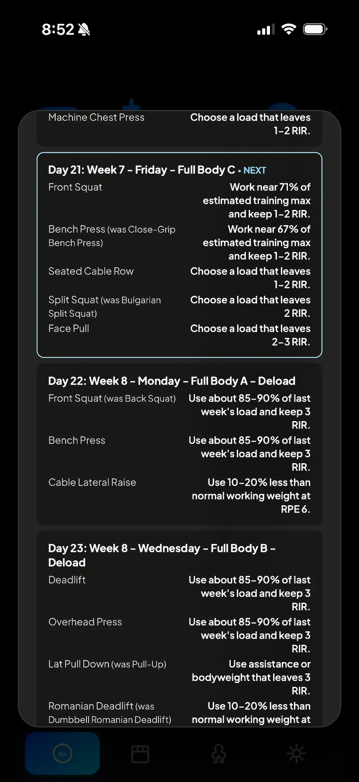 RackMath My Program schedule highlighting the next workout and upcoming deload week.
