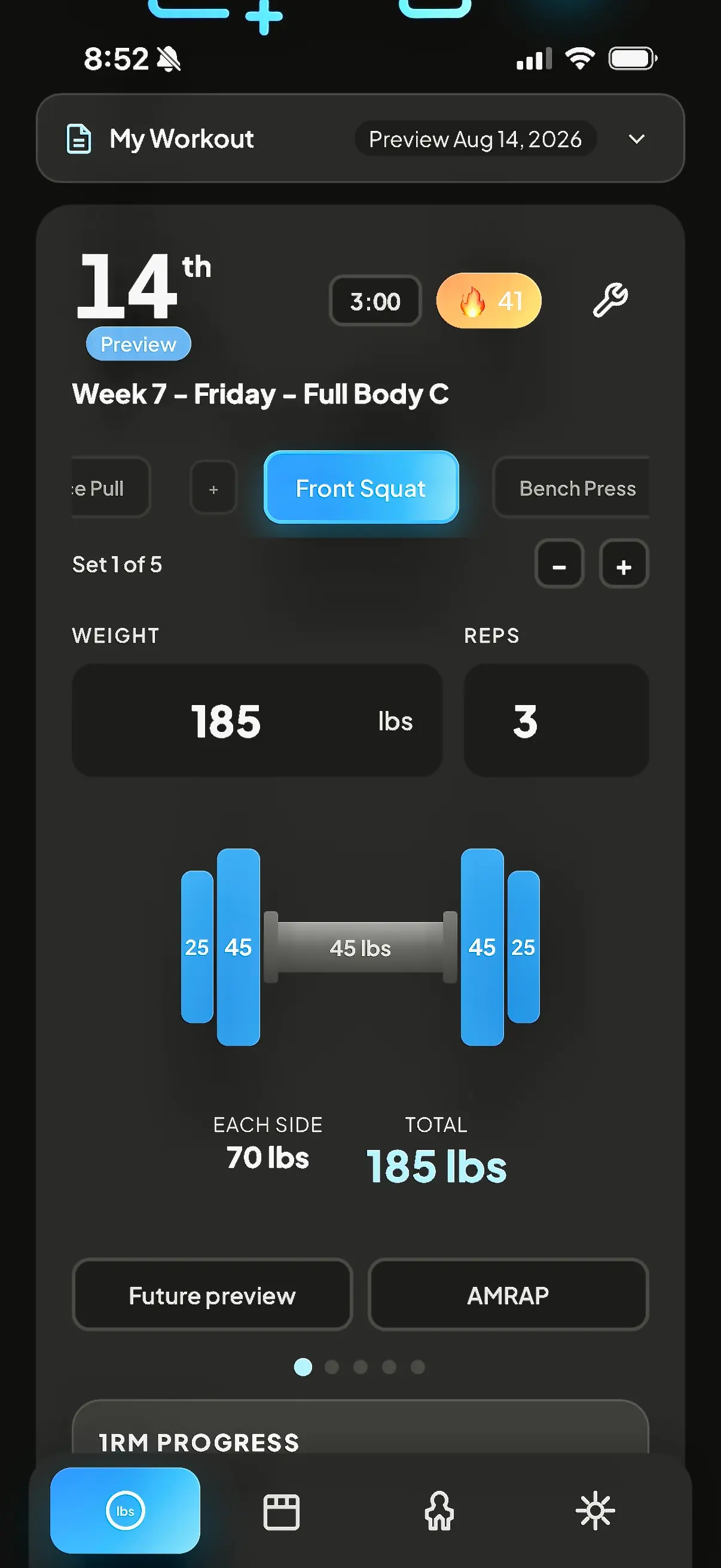 RackMath workout preview showing a Week 7 front squat session and exact plates.