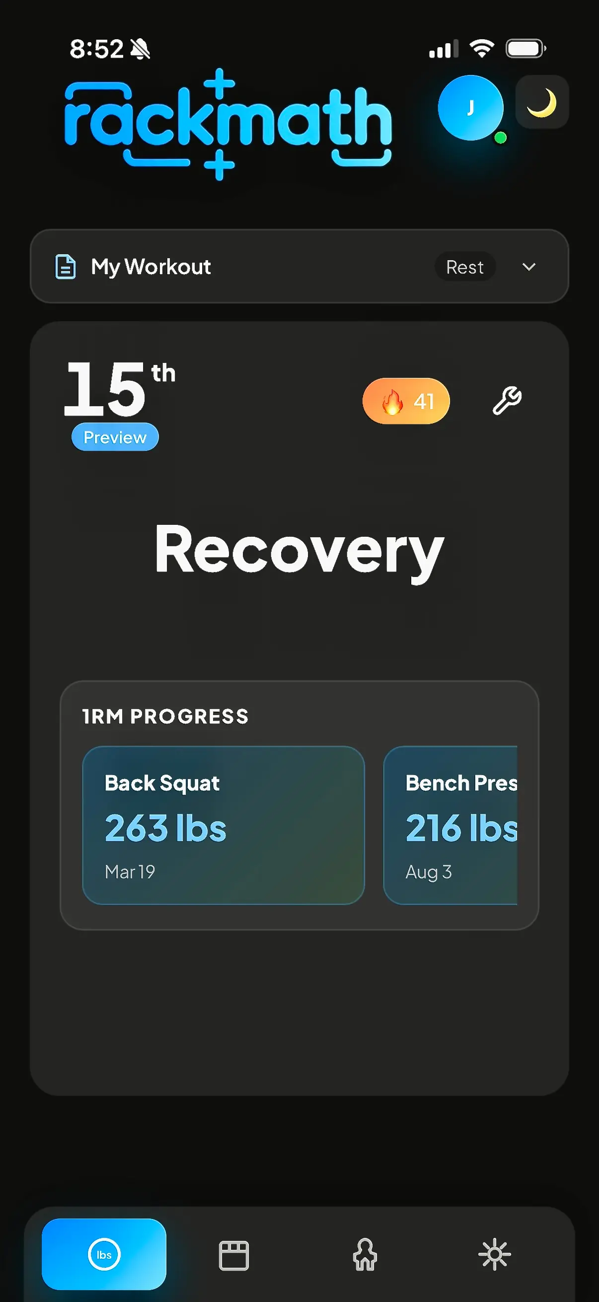 RackMath recovery-day preview with current one-rep-max progress.