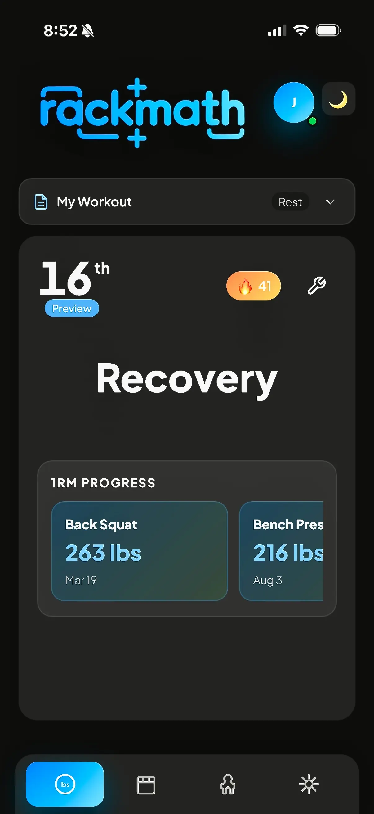 RackMath recovery preview showing the next rest day and strength progress.