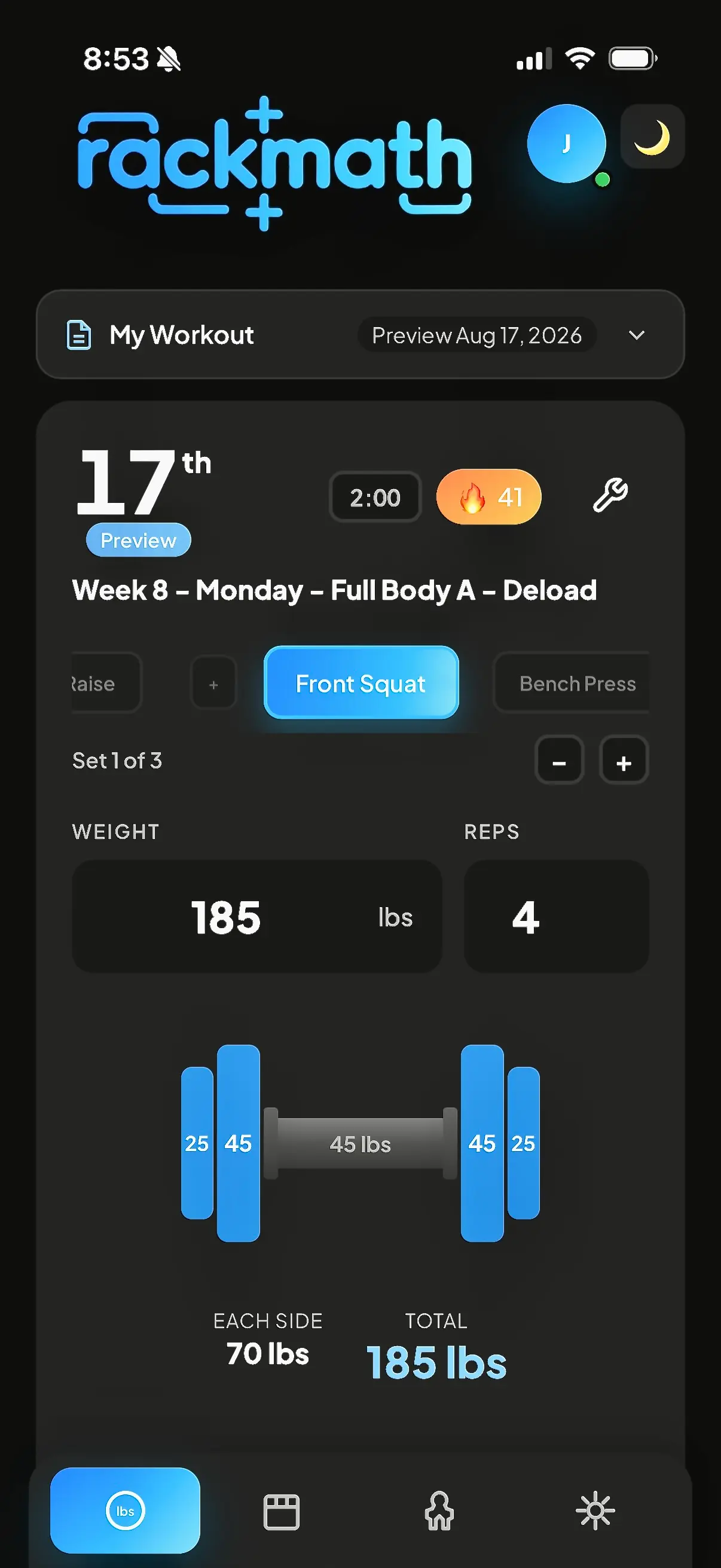RackMath deload workout preview showing target weight, reps, and exact plates.