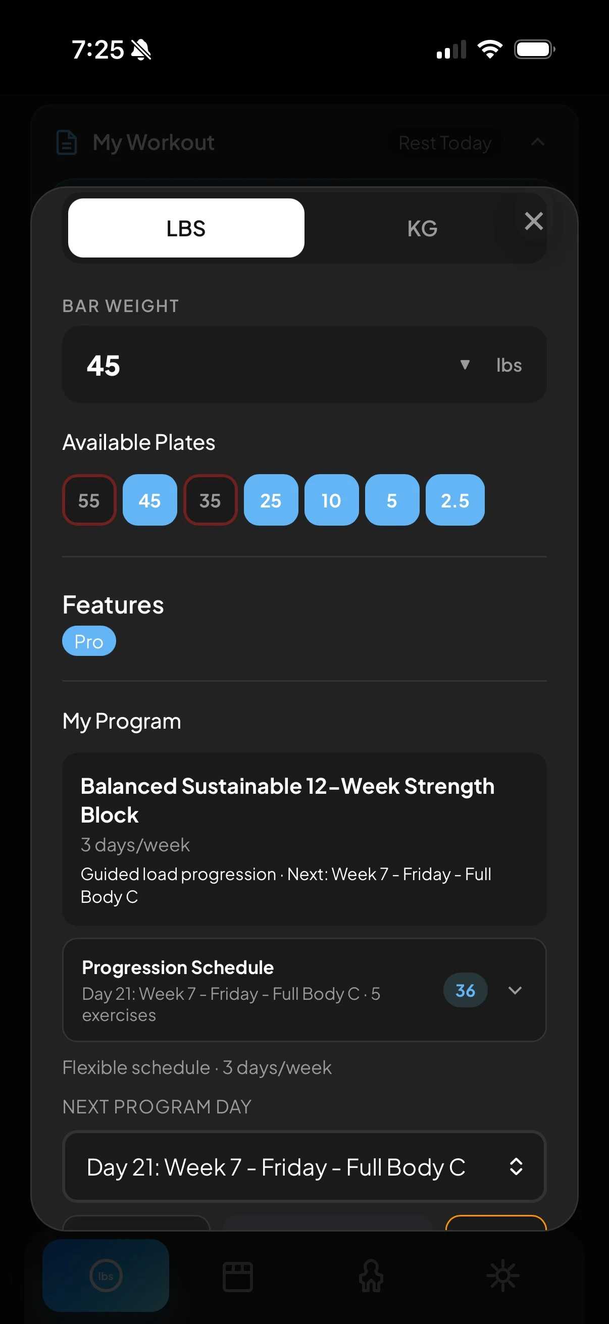 RackMath settings screen showing units, bar weight, available plates, and the active program.