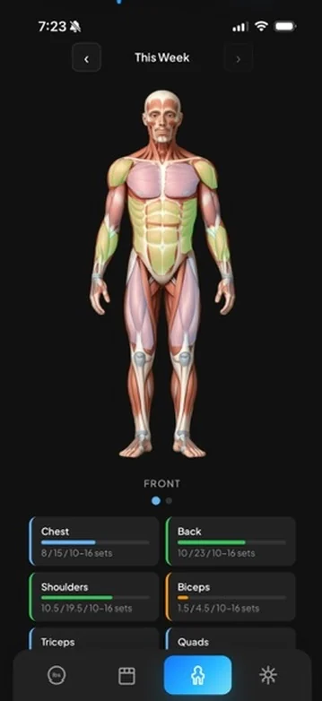 RackMath weekly training volume screen showing muscle group progress.