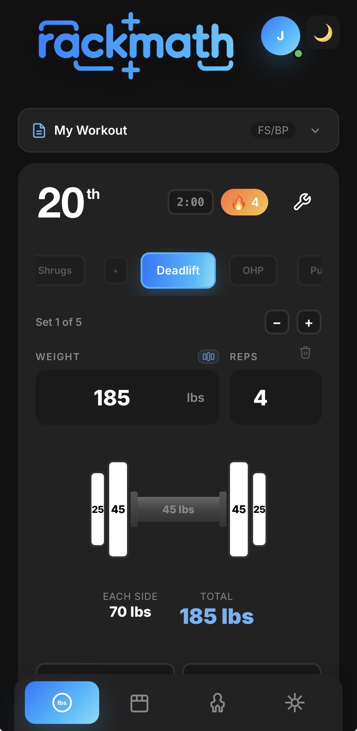 RackMath dark workout interface with a deadlift, set controls, and barbell plates.