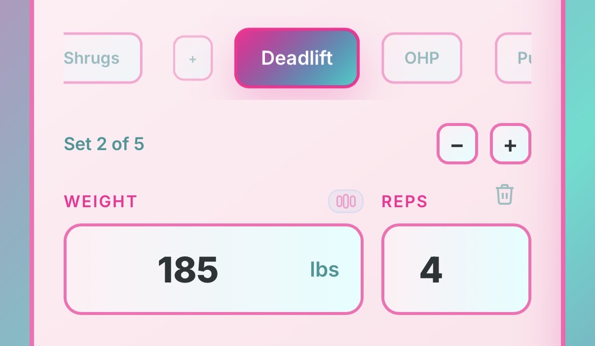 Rack Math workout fields for lift, weight, reps, and set controls.