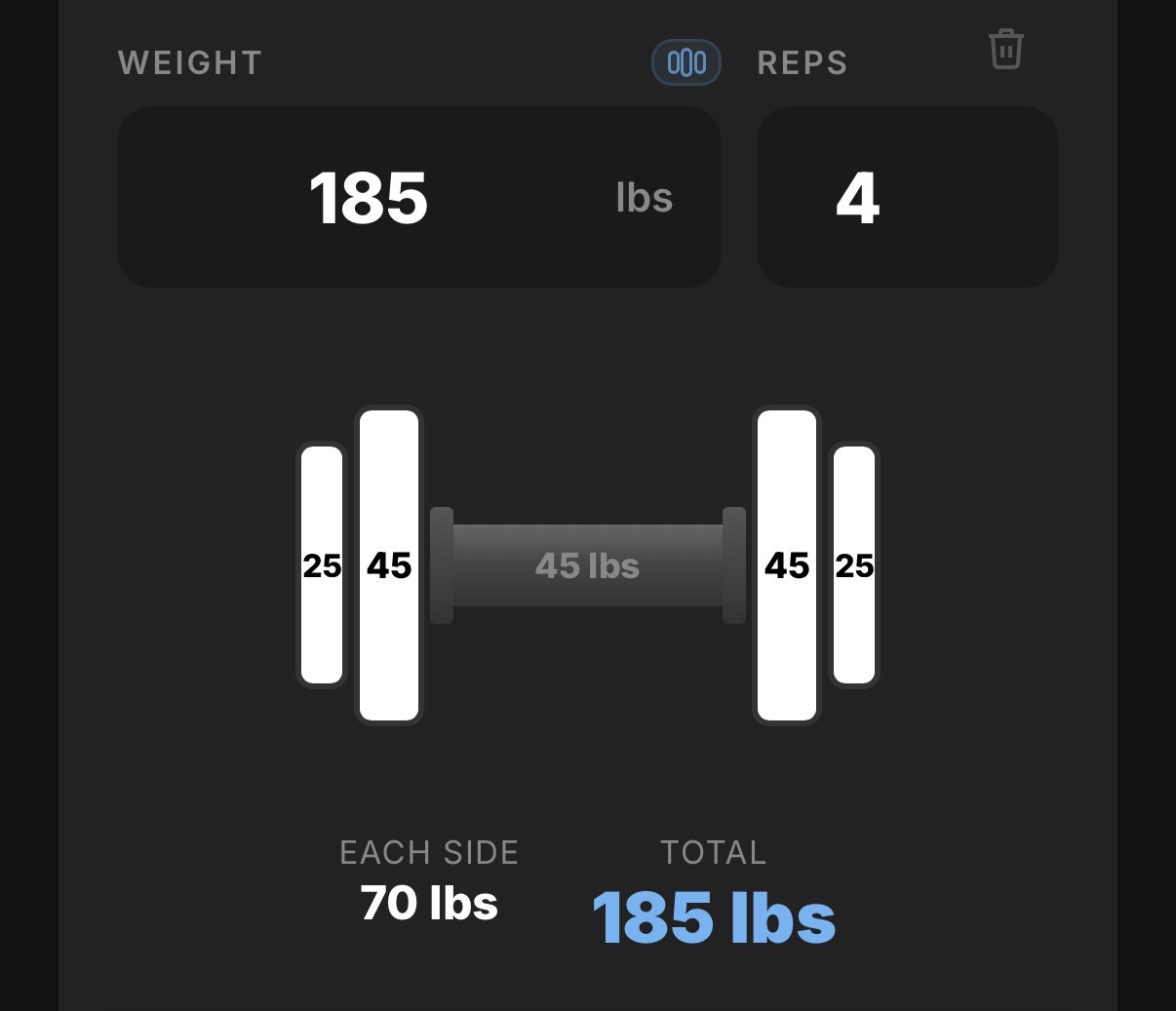 Rack Math plate calculator showing each side and total barbell weight.