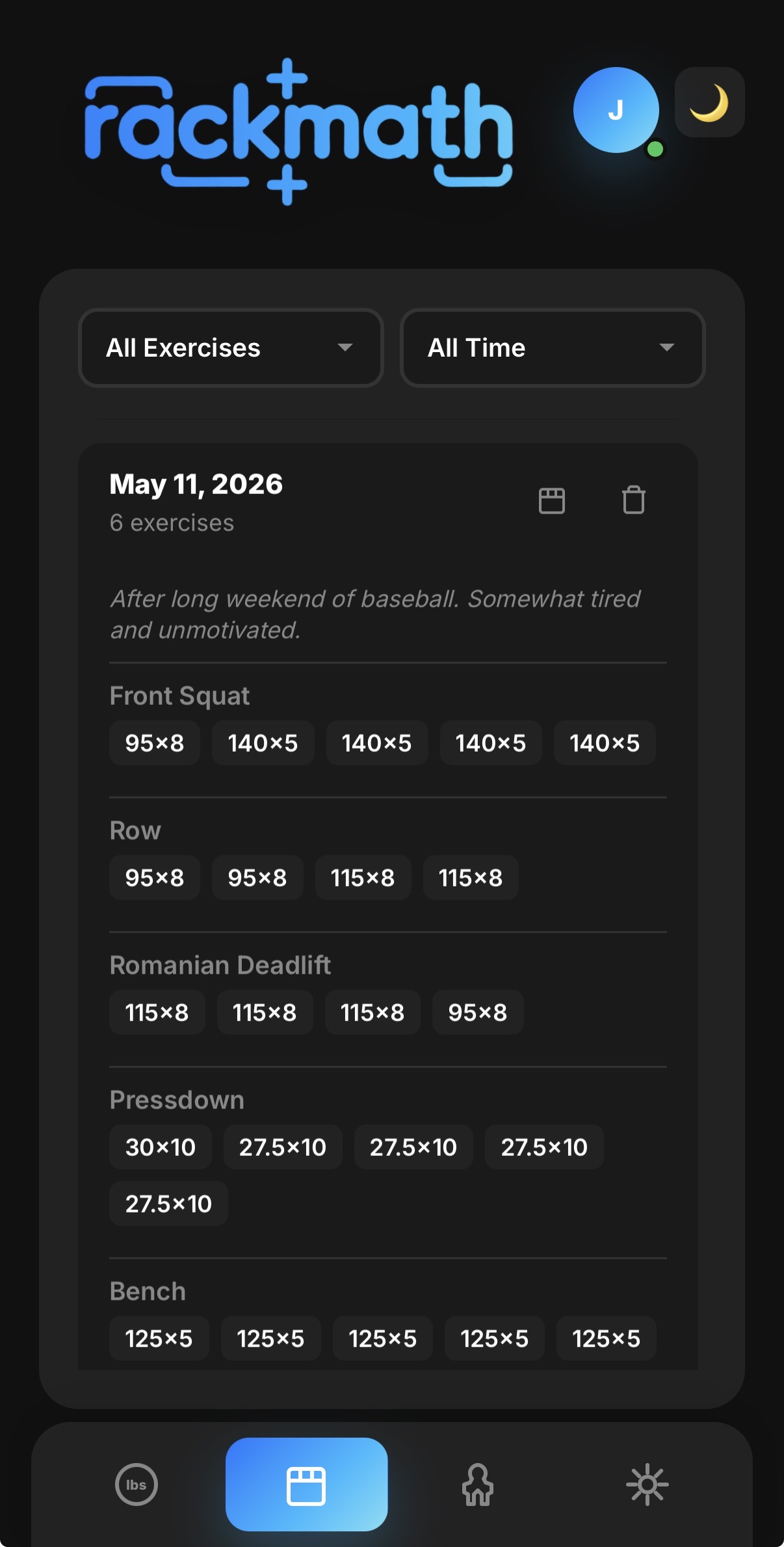 Rack Math workout history with completed exercises and logged sets.