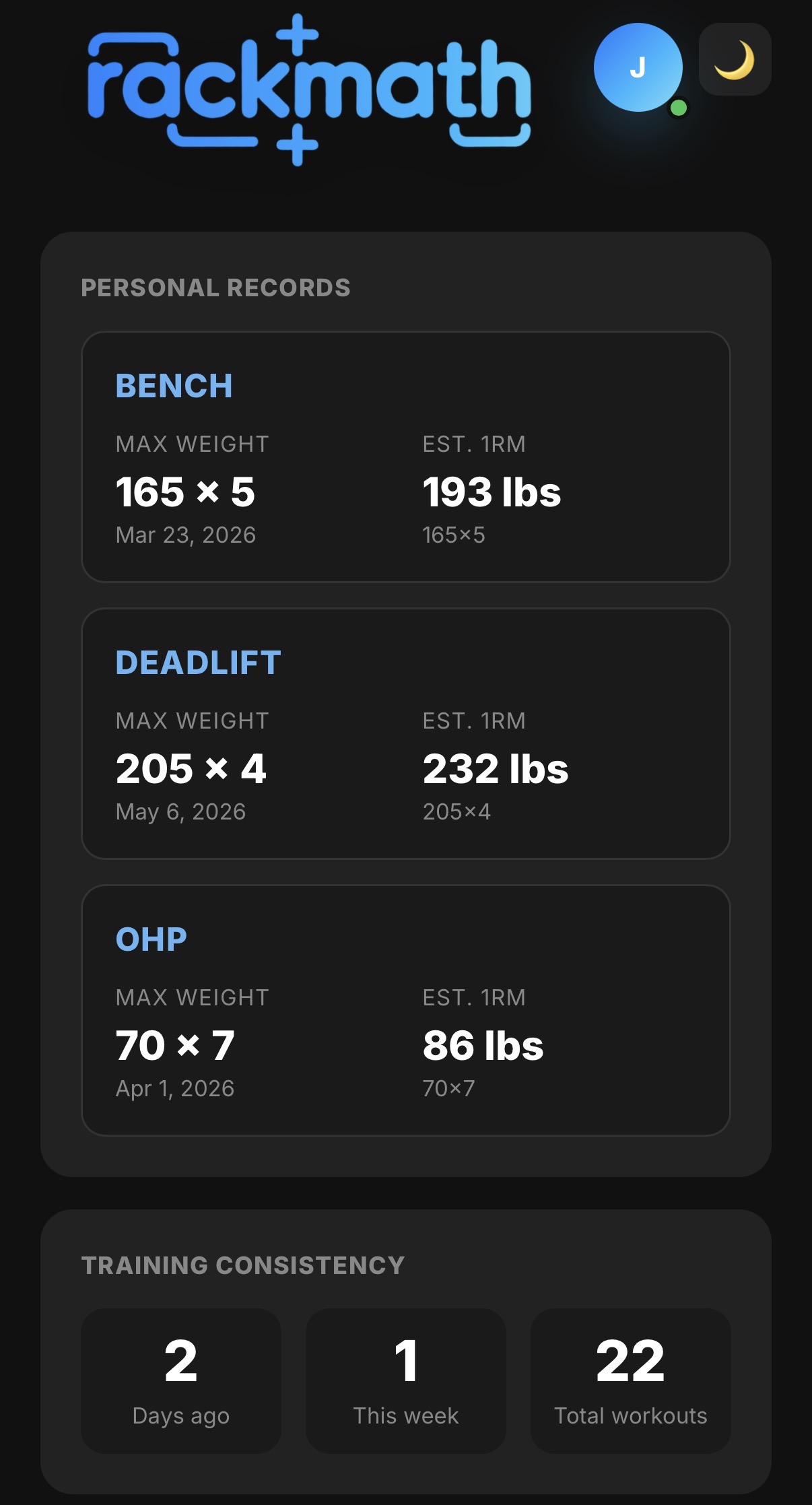 Rack Math personal records and training consistency dashboard.