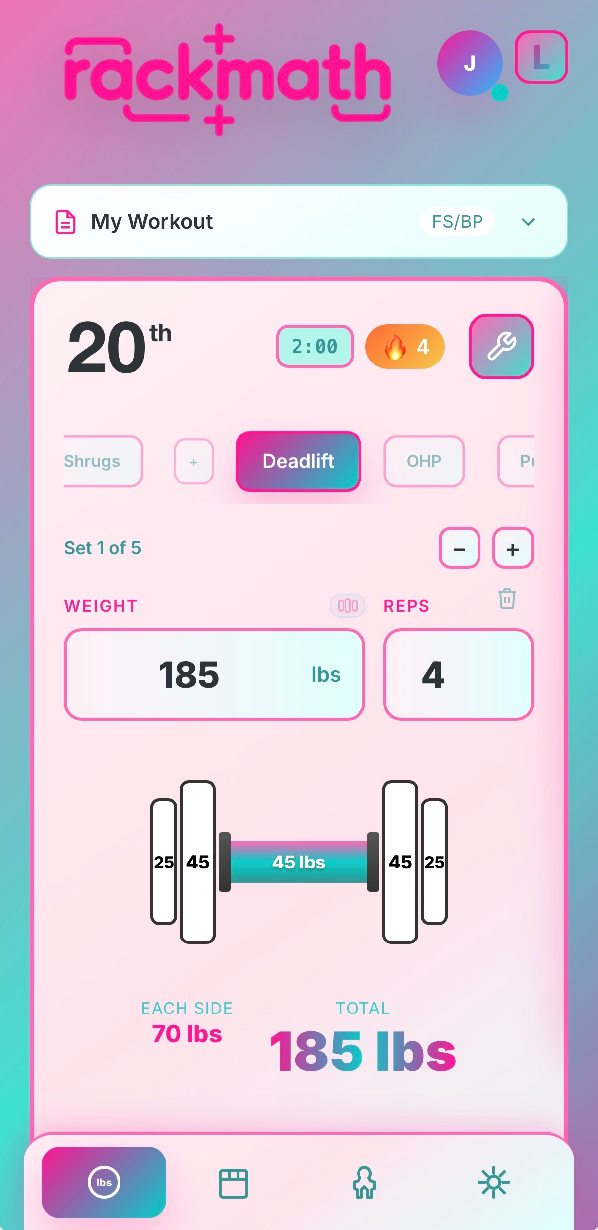 Rack Math pink calculator screen showing a deadlift workout and exact plate loading.