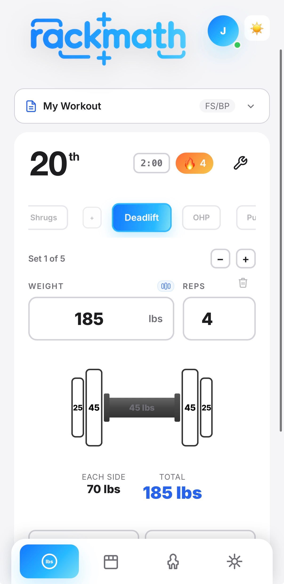 Rack Math light mode calculator screen with exact plate loading for a deadlift set.